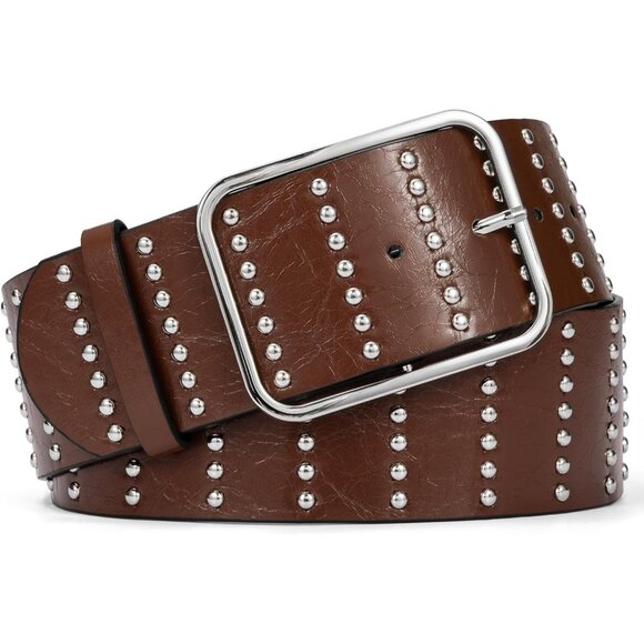 Women's Chunky Dress Thick Wide Studded Belts Brown Silver Buckle PU Leather - Picture 1 of 5